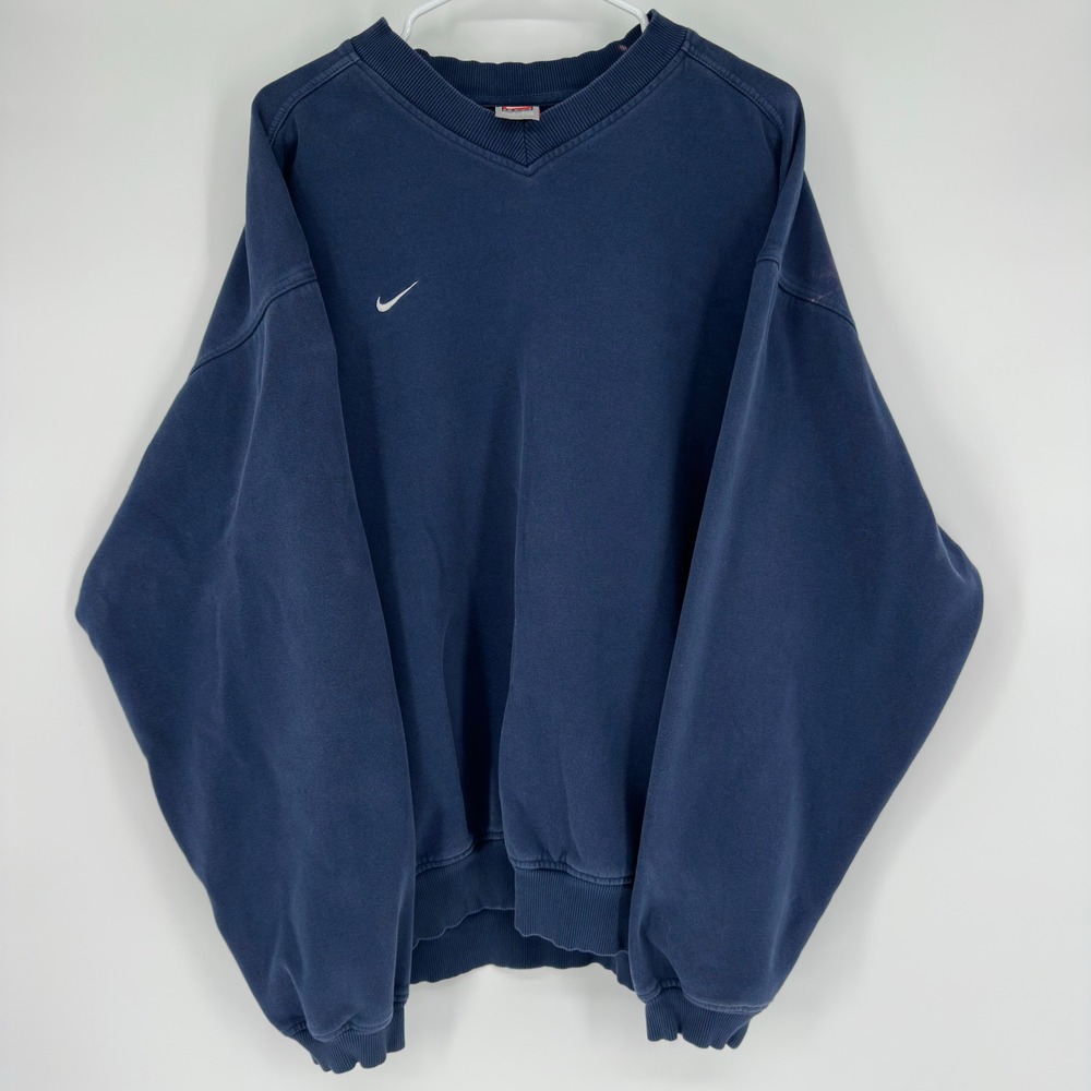 Vintage Nike Team V-Neck Sweatshirt Navy Blue Embroidered Swoosh Large Pullover